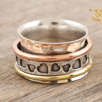 Multi-metal meditation spinner ring, 'Endearing Hearts' - Sterling Silver Brass and Copper Meditation Spinner Ring