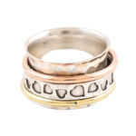 Multi-metal meditation spinner ring, 'Endearing Hearts' - Sterling Silver Brass and Copper Meditation Spinner Ring