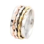 Multi-metal meditation spinner ring, 'Twisted Spin' - Sterling Silver Brass and Copper Meditation Spinner Ring