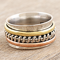 Multi-metal meditation spinner ring, 'Knotted Delight' - Sterling Silver Brass and Copper Meditation Spinner Ring