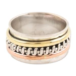 Multi-metal meditation spinner ring, 'Knotted Delight' - Sterling Silver Brass and Copper Meditation Spinner Ring
