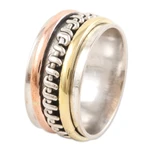 Multi-metal meditation spinner ring, 'Knotted Delight' - Sterling Silver Brass and Copper Meditation Spinner Ring