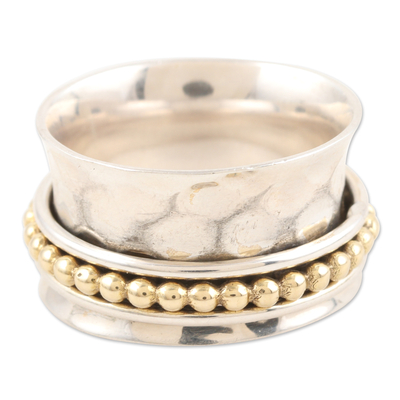 Multi-metal meditation spinner ring, 'Dotted Path' - Sterling Silver and Brass Meditation Spinner Ring from India