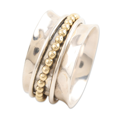 Multi-metal meditation spinner ring, 'Dotted Path' - Sterling Silver and Brass Meditation Spinner Ring from India