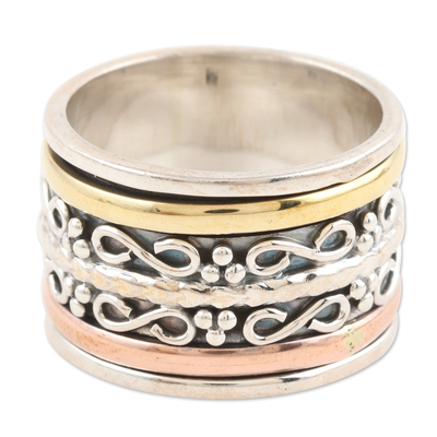 Multi-metal meditation spinner ring, 'Total Serenity' - Sterling Silver Brass and Copper Meditation Spinner Ring