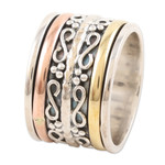 Multi-metal meditation spinner ring, 'Total Serenity' - Sterling Silver Brass and Copper Meditation Spinner Ring