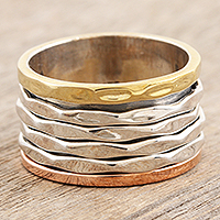 Multi-metal meditation spinner ring, 'Graceful Alliance' - Unisex Sterling Silver Brass Copper Meditation Spinner Ring
