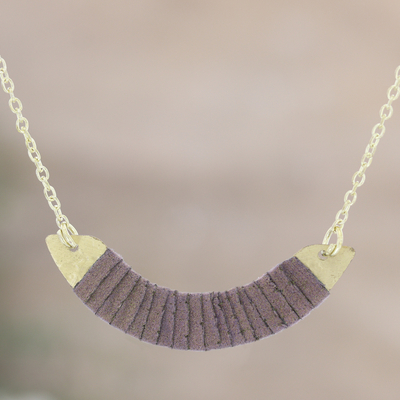 Suede pendant necklace, 'Mushroom Crescent Amulet' - Brass and Suede Pendant Necklace with Mushroom Tone