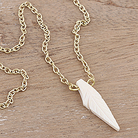 Hand-carved pendant necklace, 'White Leaf' - Hand-Carved Pendant Necklace with Brass Chain from India