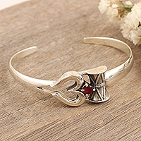 Garnet cuff bracelet, 'Crimson Adoration' - Sterling Silver Cuff Bracelet with Faceted Natural Garnet