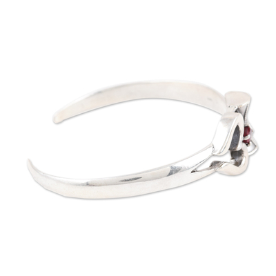 Garnet cuff bracelet, 'Crimson Adoration' - Sterling Silver Cuff Bracelet with Faceted Natural Garnet