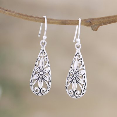 Sterling silver dangle earrings, 'Blooming Tears' - Sterling Silver Dangle Earrings with Floral Motifs