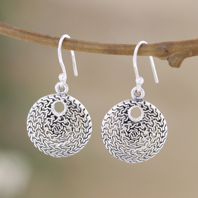 Sterling silver dangle earrings, 'Magical Discs' - Sterling Silver Round Dangle Earrings from India
