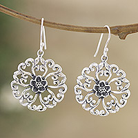 Sterling silver dangle earrings, 'Blooming Discs' - Sterling Silver Round Dangle Earrings with Floral Motifs