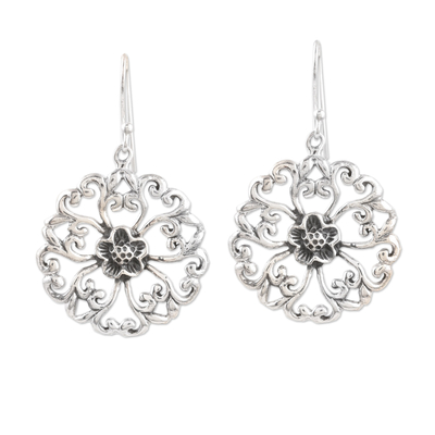 Sterling Silver Round Dangle Earrings with Floral Motifs