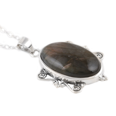 Labradorite pendant necklace, 'Delightful Evening' - Sterling Silver Pendant Necklace with Oval Labradorite Stone