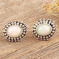 Opal button earrings, 'Enjoy Life' - Sterling Silver Button Earrings with Opal Stones from India
