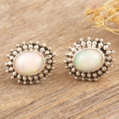 Opal button earrings, 'Enjoy Life' - Sterling Silver Button Earrings with Opal Stones from India