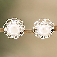 Cultured pearl button earrings, 'Blossom in White' - Floral Cultured Pearl and Sterling Silver Button Earrings