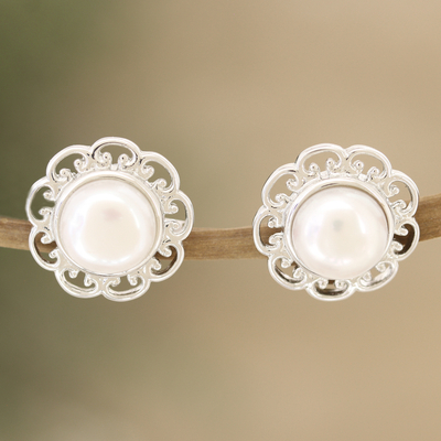 Aretes de perlas cultivadas - Aretes de botón de plata de ley y perlas cultivadas florales