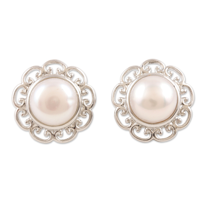 Cultured pearl button earrings, 'Blossom in White' - Floral Cultured Pearl and Sterling Silver Button Earrings