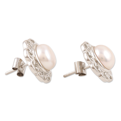 Aretes de perlas cultivadas - Aretes de botón de plata de ley y perlas cultivadas florales