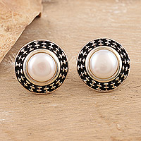 Cultured pearl button earrings, 'Peace Appeal'