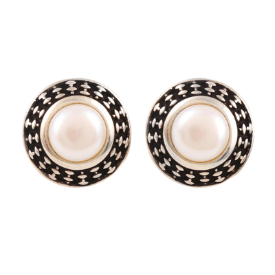 Cultured pearl button earrings, 'Peace Appeal' - Cultured Pearl & Sterling Silver Button Earrings from India