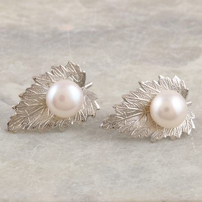 Cultured pearl drop earrings, 'Leaf Ecstasy' - Cultured Pearl and 925 Sterling Silver Leaf Drop Earrings