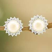 Cultured pearl and cubic zirconia button earrings, 'Floral Glow' - Cultured Pearl and Cubic Zirconia Button Earrings from India