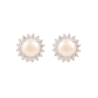 Cultured pearl and cubic zirconia button earrings, 'Floral Glow' - Cultured Pearl and Cubic Zirconia Button Earrings from India