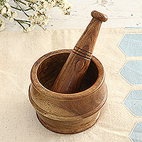 Wood mortar and pestle, 'Traditional Essence' - Wood Mortar and Pestle Hand Crafted in India