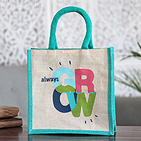 Jute blend tote bag, 'Always Grow' - Jute and Cotton Blend Tote Bag Hand Crafted in India