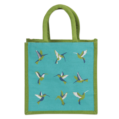 Jute blend tote bag, 'A Tropical Paradise' - Jute and Cotton Blend Tote Bag Hand Crafted in India