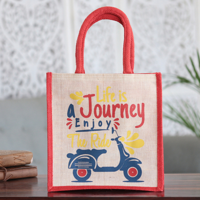 Jute blend tote bag, 'Life Is a Journey' - Jute and Cotton Blend Tote Bag Hand Crafted in India