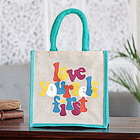 Jute blend tote bag, 'Love Yourself First' - Jute and Cotton Blend Tote Bag Hand Crafted in India