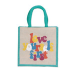Jute blend tote bag, 'Love Yourself First' - Jute and Cotton Blend Tote Bag Hand Crafted in India