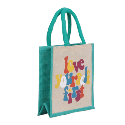 Jute and Cotton Blend Tote Bag Hand Crafted in India - Love Yourself First