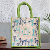 Jute blend tote bag, 'Oh Hey Vacay' - Jute and Cotton Blend Tote Bag Hand Crafted in India