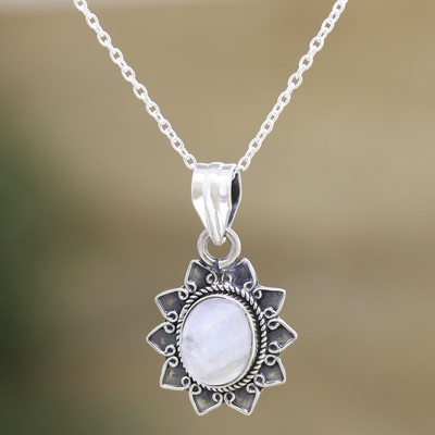 Rainbow moonstone pendant necklace, 'Flower Fascination' - Rainbow Moonstone & Sterling Silver Flower Pendant Necklace