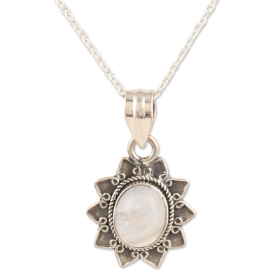 Rainbow moonstone pendant necklace, 'Flower Fascination' - Rainbow Moonstone & Sterling Silver Flower Pendant Necklace