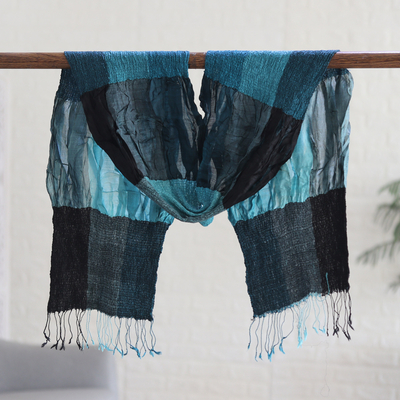 100% silk scarf, 'Teal Mystique Saga' - 100% Silk Teal Checkered and Ruffled Scarf Woven in India