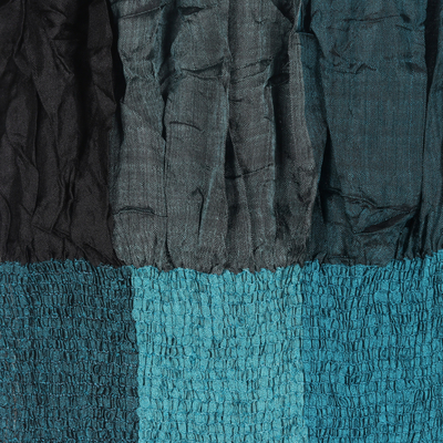 Pañuelo 100% seda - Pañuelo a cuadros y volantes 100 % seda verde azulado tejido en la India