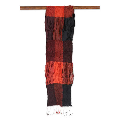 Pañuelo 100% seda - Bufanda 100 % seda rojiza a cuadros y volantes tejidos en la India