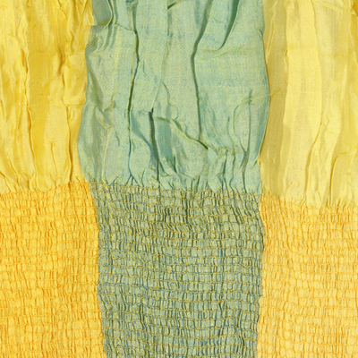 pañuelo 100% seda - bufanda 100% seda amarilla a cuadros y volantes tejidos en la India