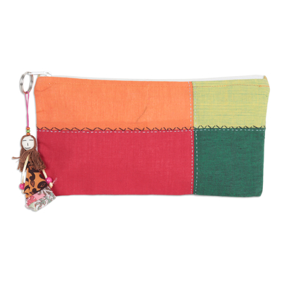 Cotton toiletry bag, 'Citron Fusion' - Colorful Patchwork Cotton Toiletry Bag with Doll Keychain