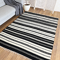 Wool area rug, 'Ivory Lines' (5x8) - Handloomed Striped Wool Area Rug in Ivory and Black (5x8)