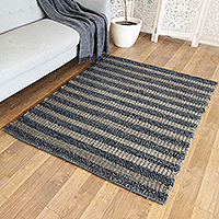 Jute area rug, 'Grey Paths' (4x5.5) - Indian Handloomed Striped Jute Area Rug in Grey (4x5.5)