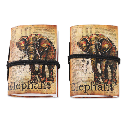 Paper mini-journals, 'Elephant Adventure' (pair) - Paper Mini-Journals with Screen-Printed Covers (Pair)
