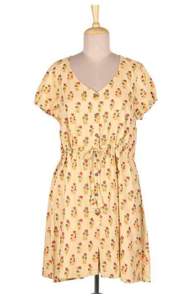 Rayon tunic-style dress, 'Blooming Spring' - Beige Rayon Tunic-Style Dress with Floral Print and Buttons